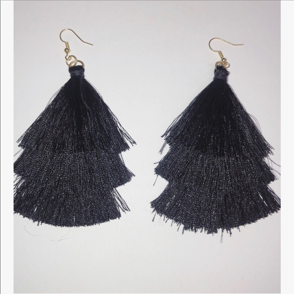 Black Tassel Earrings Tiered Thread Dangled